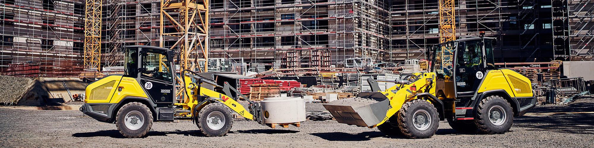 Les chargeuses sur pneus haute performance Wacker Neuson WL750p et WL950p à l'œuvre sur un chantier.